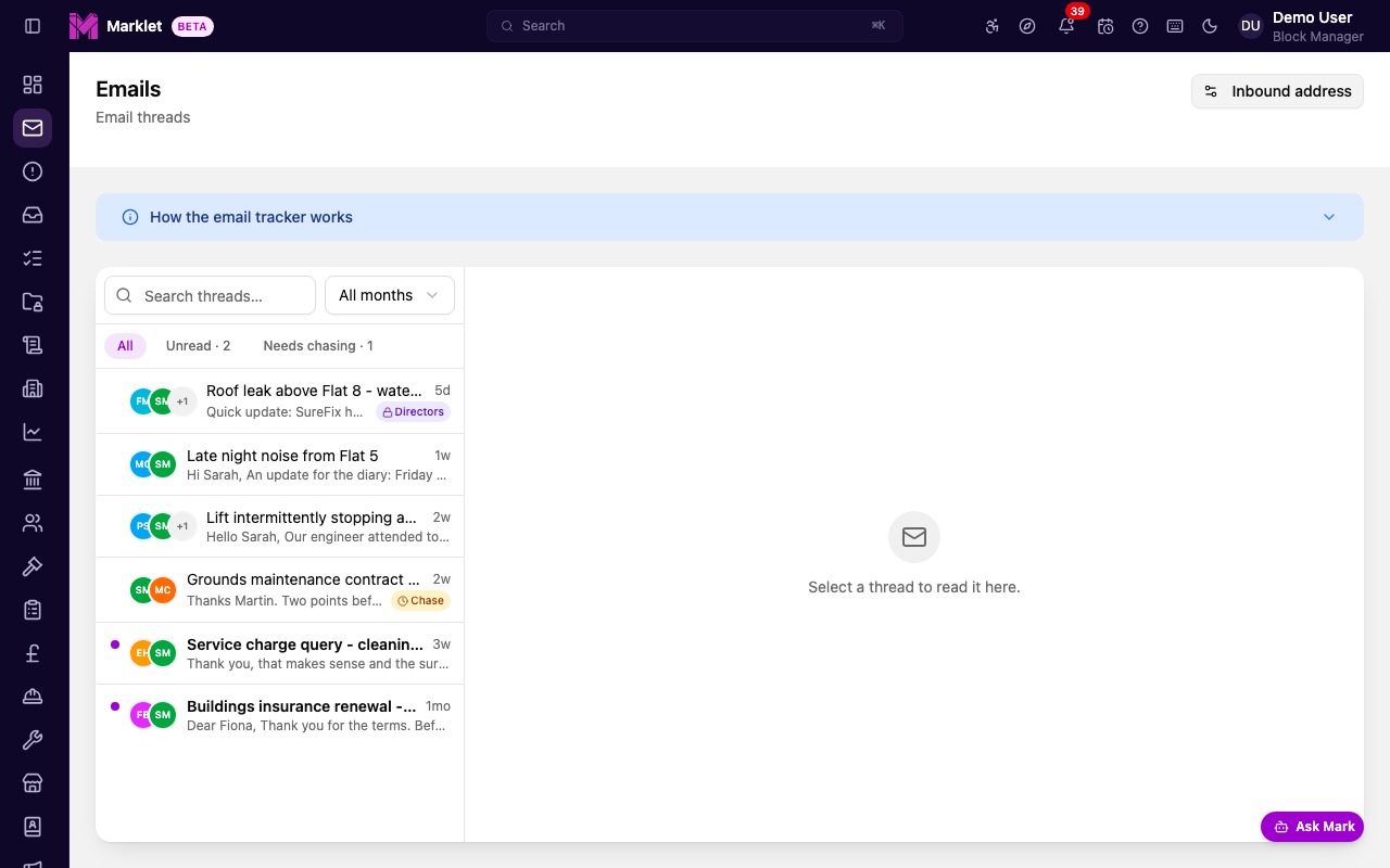 Marklet email archive showing block correspondence threaded and searchable