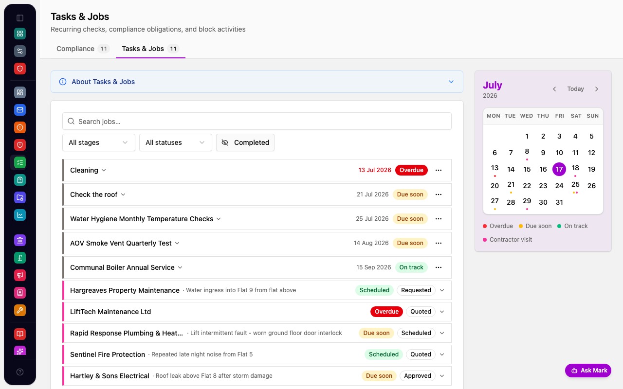 Marklet tasks and jobs showing contractor jobs linked to compliance checks