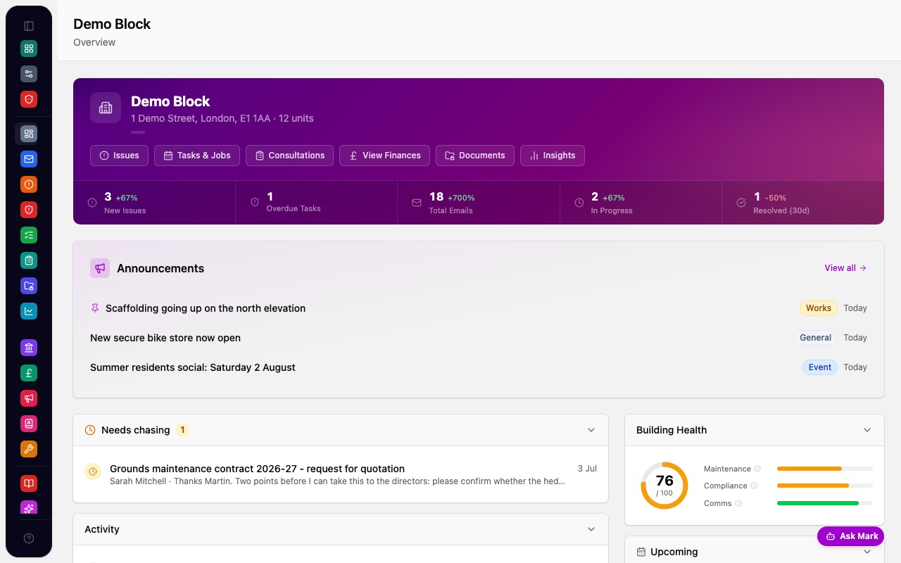 Marklet dashboard showing block overview, activity feed, and building health score