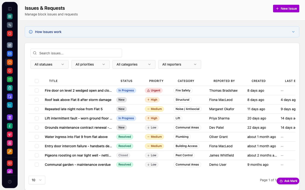 Marklet issues tracker showing open and resolved issues with status badges
